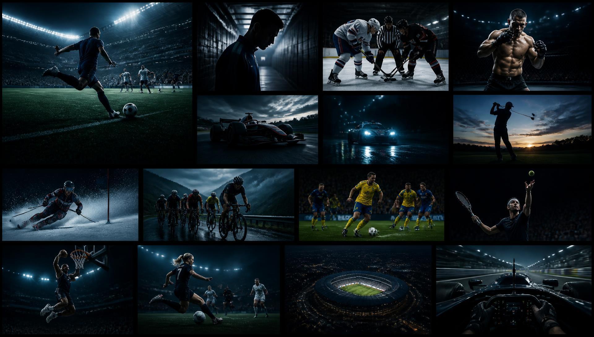 Mosaik av fotboll, hockey, racing och annan sport